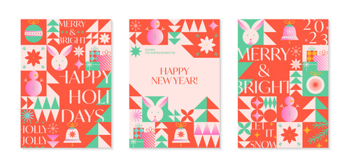 Christmas and Happy New Year greeting banners templates.Festive vector backgrounds in bauhaus style.Traditional winter holiday symbols.Xmas trendy designs for branding,invitations,prints,social media