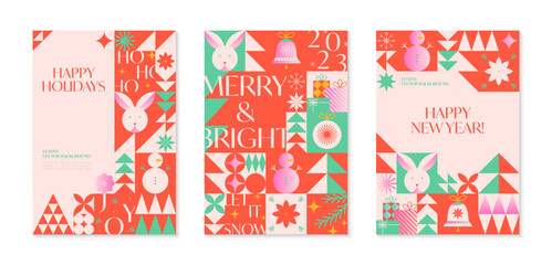 Christmas and Happy New Year greeting banners templates.Festive vector backgrounds in bauhaus style.Traditional winter holiday symbols.Xmas trendy designs for branding,invitations,prints,social media