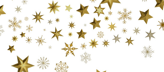 golden openwork shiny snowflakes, star, 3D rendering.