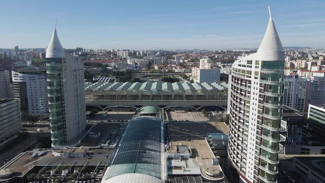 Lisbon, Portugal - 28 October 2022: Aerial view of modern buildings in Oriente district, Lisbon, Portugal.