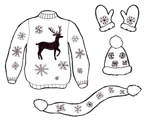 Set of black and white winter warm clothes hand drawn on white background