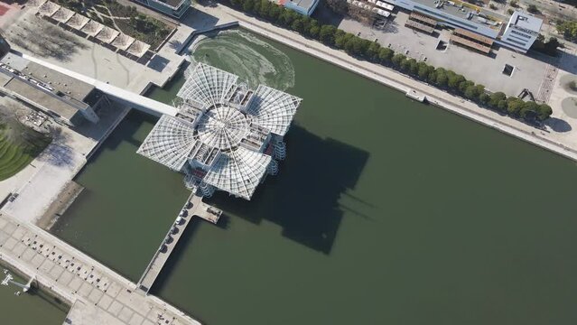 Aerial view of Lisbon aquarium in Oriente district, Lisbon, Portugal.