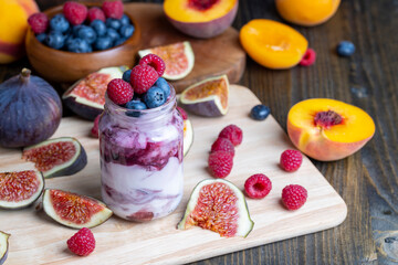 Fresh delicious yogurt made from milk with blueberry flavor