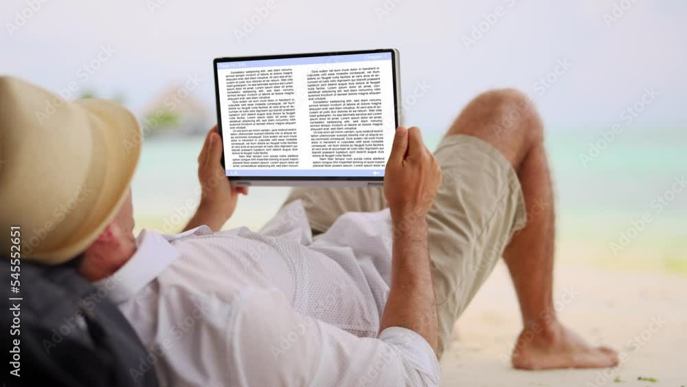 Poster man reading e-book on tablet