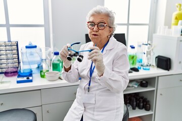 Senior woman with grey hair working at scientist laboratory using magnifying glasses puffing cheeks with funny face. mouth inflated with air, catching air. - obrazy, fototapety, plakaty