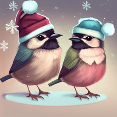 birds in the snow in Christmas hats