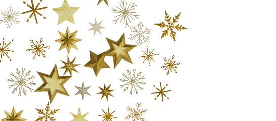 golden openwork shiny snowflakes, star, 3D rendering.
