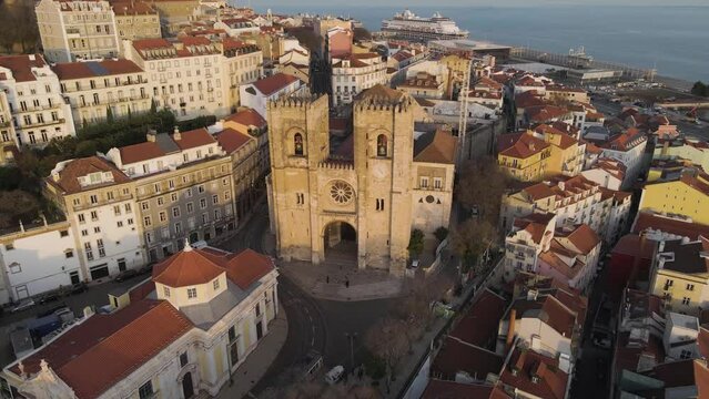 Aerial view of the cathedral in Alfama district, the old town in Lisbon city centre, Portugal.