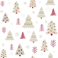 Vector seamless pattern with Christmas trees of different shapes on a white background in a flat style. Ideal for print, wrapping paper, wallpaper, fabric, design.