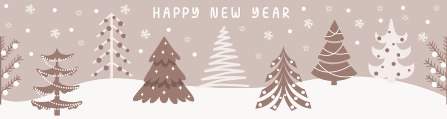 New Year festive seamless banner with Christmas trees of different shapes, decorated with toys and the inscription "Happy New Year". Vector illustrations on a pink background.
