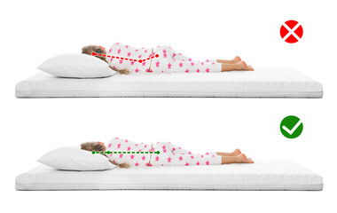 Collage with photos of girl lying on mattress. Wrong and correct sleeping posture. Choose right...