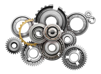 Set with different stainless steel gears on white background, top view