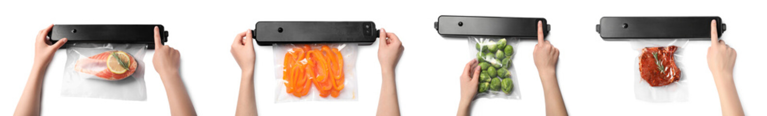 Collage with photos of women using sealer for vacuum packing with plastic bags and different products, top view. Banner design