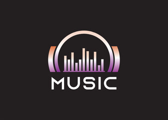 music logo design with headphone and equalizer symbol