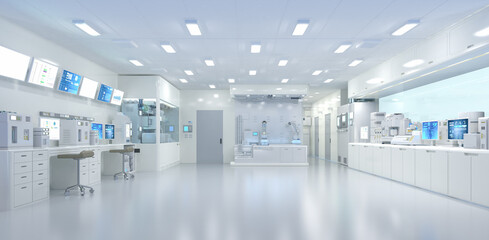 Naklejka na ściany i meble White futuristic digital laboratory interior in semiconductor manufacturing factory