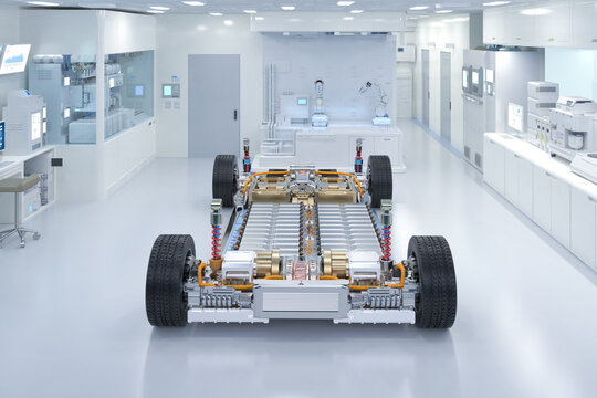 Ev car with pack of battery cells module on platform in laboratory