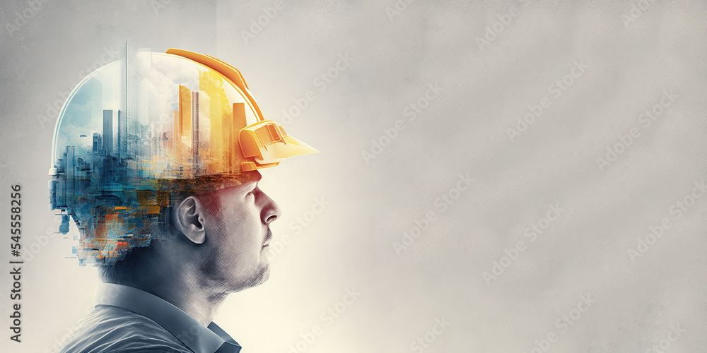 Poster future building construction engineering project devotion with double exposure graphic design. build