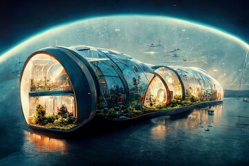 Fototapeta Space expansion concept of human settlement in alien world with green plant as proof of life in space. Spectacular space colony glass dome habitat provide sustainable food. Digital art 3D illustration obraz