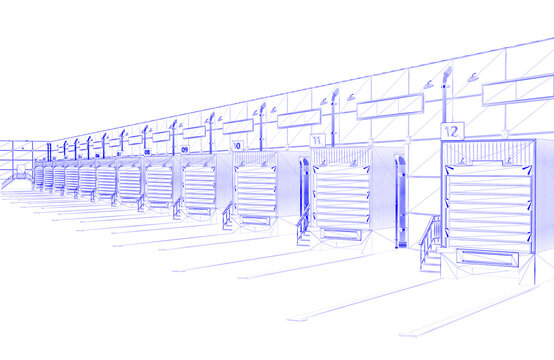 Blueprint of warehouse exterior with shutter doors and truck parking lots