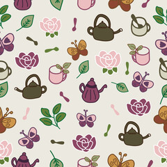 Vector garden tea party beige seamless background. Perfect for fabric, wallpaper, scrapbooking projects