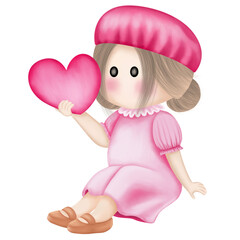 Cute little baby girl sitting on the floor and hold heart. Watercolor Valentine’s Day illustration.