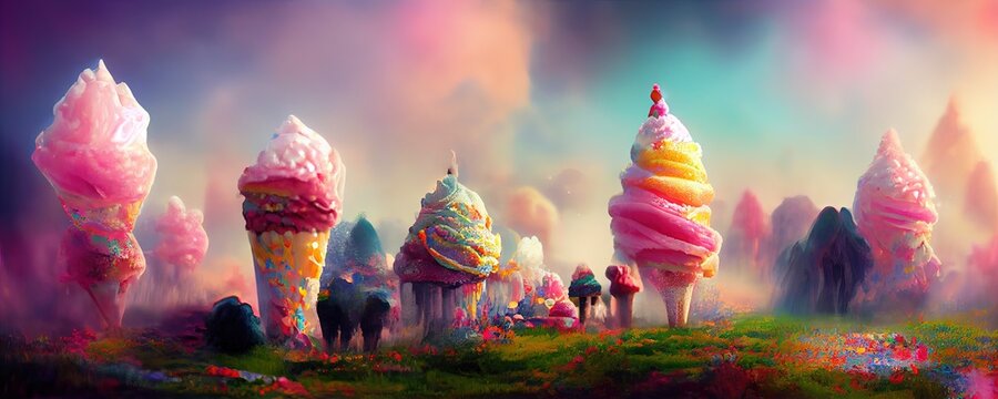 Fantasy colorful sweet magical landscape of ice cream. AI generated art illustration.
