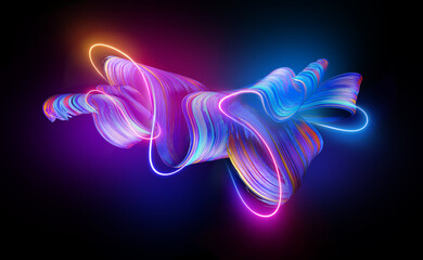 3d render. Abstract folded ribbon glowing with pink blue neon light. Creative brushstroke, fashion wallpaper with curvy lines - obrazy, fototapety, plakaty