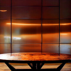 Ai generated illustration of a brown table in a copper tiled room 
