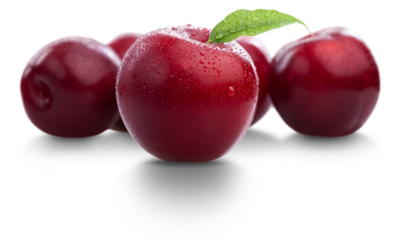 Red cherries and plum fruit isolated on white background