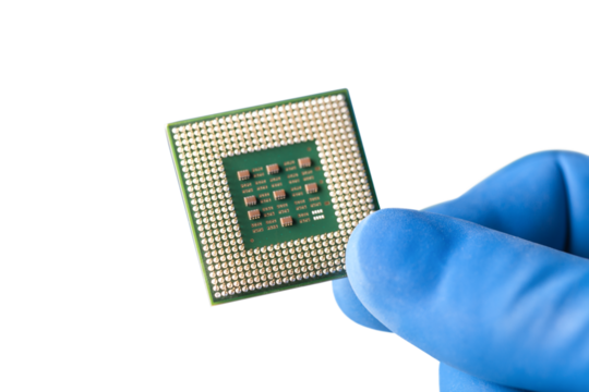 Hand holds electronic circuit board with processor isolated on white