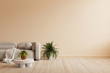 Japandi style interior with gray sofa and boho decor on cream color wall.