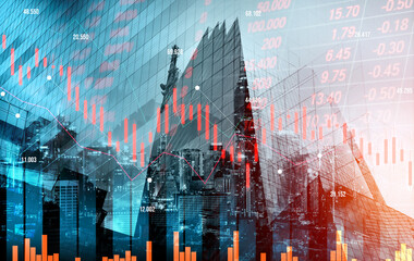 The digital indicators and declining graphs of a stock market crash overlap the backdrop of a...