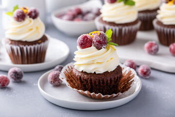 Sugared cranberry and orange chocolate cupcakes with cream cheese frosting