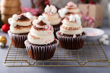 Hot chocolate cupcakes with whipped cream frosting topped with marshmallows