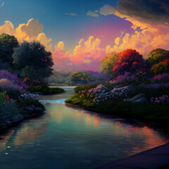 Fototapeta na wymiar Ai generated image of a beautiful sunset scenery by a river 
