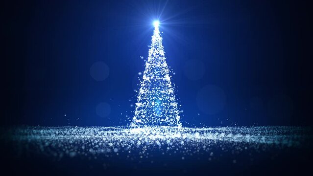 Merry Christmas concept greeting video card gifts. Christmas tree with shining light with particles, falling snowflakes, and stars, Blue background seamless loops 4k