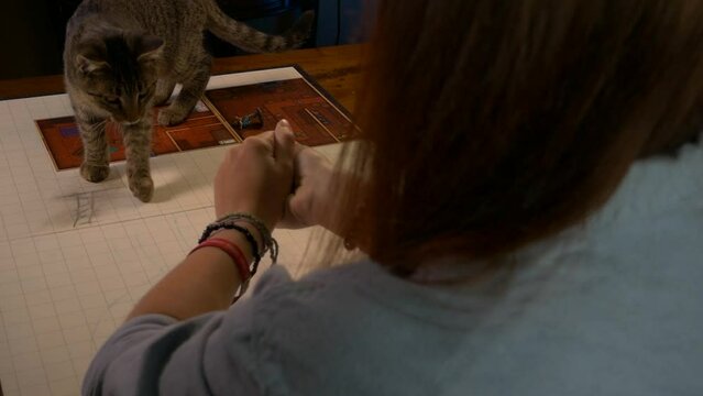 Woman Rolls Pink RPG Dice on Game Table Near Pet Cat