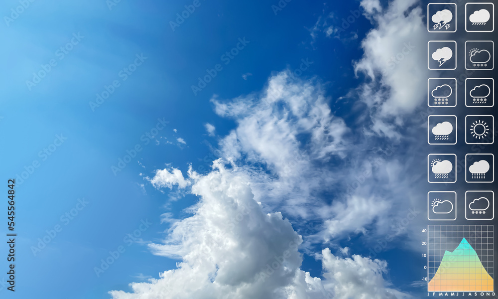 Wall mural weather forecast symbol data presentation with graph and chart on dramatic white clouds with bright 