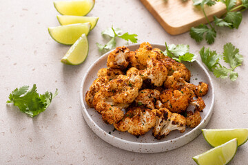 Spicy roasted cauliflower served with lime and cilantro