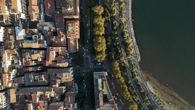 Aerial view of Salerno downtown along the coast, Campania, Italy.