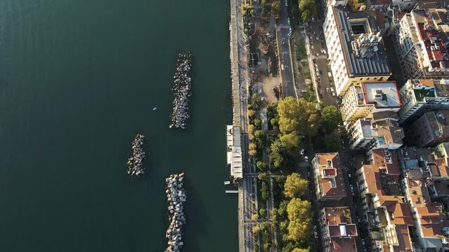 Aerial view of Salerno downtown along the coast, Campania, Italy.