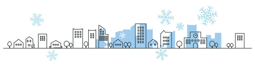 雪の結晶とシンプルな街並みのシルエットと線画のイラスト素材　背景イラスト　都市景観