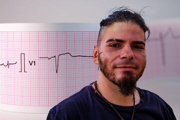 Young man with a hipster look superimposed with an electrocardiogram.