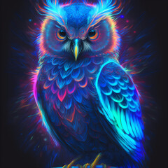 Fototapeta premium Neon bright portrait of a cute owl in a hand drawn style