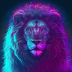 Neon bright portrait of a lion in a hand drawn style