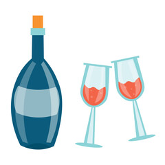 Bottle and glasses of red wine on white background