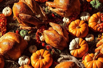 Thanksgiving Turkey Dinner, Pumpkin and Apple Pie, Cranberry, Stuffing, Mashed Potatoes, Gravy, Pumpkins, Yams Seamless Texture Pattern Tiled Repeatable Tessellation Background Image