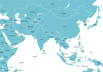 アジア全域の地図、国境線、英語の国名