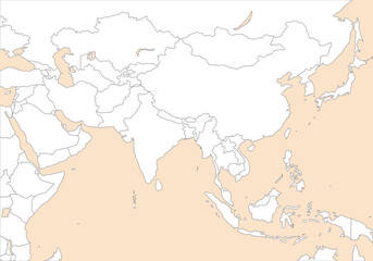 アジア全域の白地図、国境線、背景素材