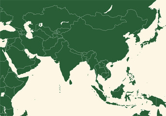 アジア全域の地図、国境線、シルエット